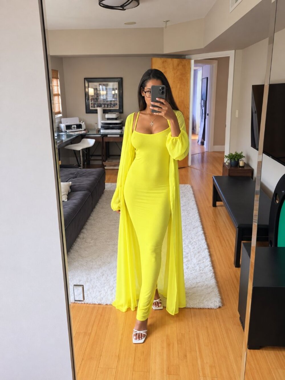 Boohoo Neon Yellow 2-Piece Vacation Set – Maxi Dress + Beach Kimono
